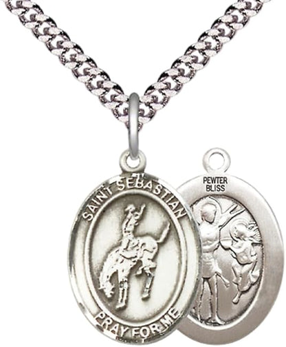 Medium Men's Pewter Saint St. Sebastian Rodeo Medal Pendant on 24 Inch Endless Rhodium Plated Heavy Curb Brass Chain, Catholic Religious Necklace - Made in USA- Deluxe Velvet Gift Box