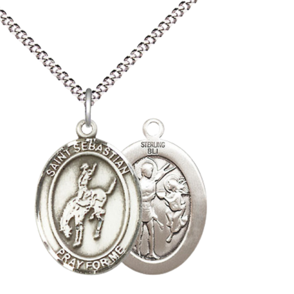 Everlasting Light Jewelry Medium Women's Sterling Silver Saint Sebastian Rodeo Pendant Necklace on 18" Rhodium Plated Lite Curb Brass Chain – Patron Saint of Athletes/Soldiers – Velvet Gift Box Included