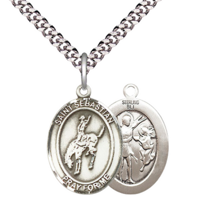 Medium Men's .925 Sterling Silver Saint St. Sebastian Rodeo Medal Pendant on 24 Inch Endless Rhodium Plated Heavy Curb Brass Chain, Catholic Religious Necklace - Made in USA- Deluxe Velvet Gift Box