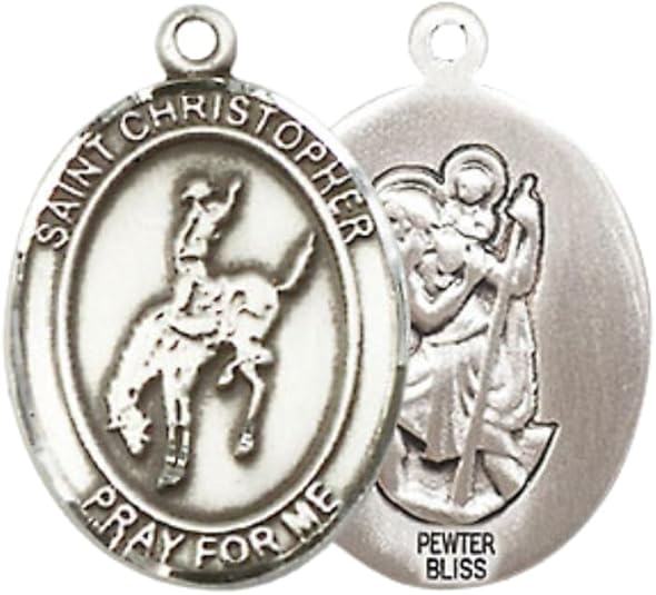 Everlasting Light Jewelry Medium Women's Pewter Saint Christopher Rodeo Pendant Necklace on 18-inch Rhodium-Plated Lite Curb Brass Chain – Patron Saint of Travelers & Motorists – Velvet Gift Box Included