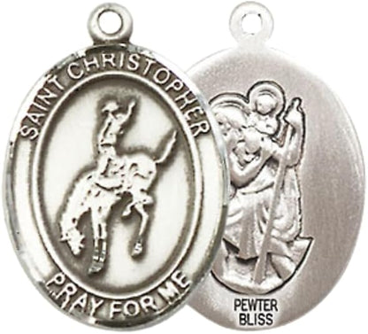 Everlasting Light Jewelry Medium Women's Pewter Saint Christopher Rodeo Pendant Necklace on 18-inch Rhodium-Plated Lite Curb Brass Chain – Patron Saint of Travelers & Motorists – Velvet Gift Box Included