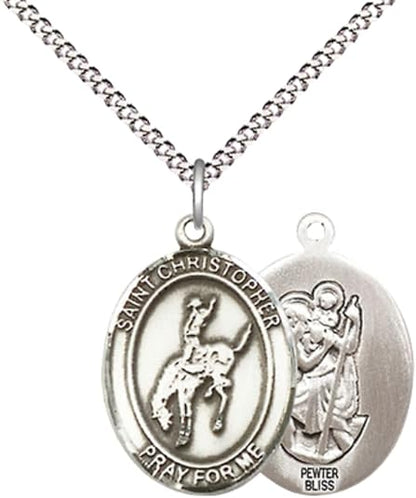 Everlasting Light Jewelry Medium Women's Pewter Saint Christopher Rodeo Pendant Necklace on 18-inch Rhodium-Plated Lite Curb Brass Chain – Patron Saint of Travelers & Motorists – Velvet Gift Box Included