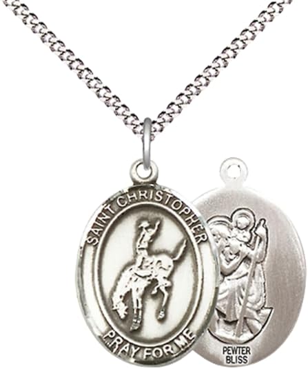 Everlasting Light Jewelry Medium Women's Pewter Saint Christopher Rodeo Pendant Necklace on 18-inch Rhodium-Plated Lite Curb Brass Chain – Patron Saint of Travelers & Motorists – Velvet Gift Box Included
