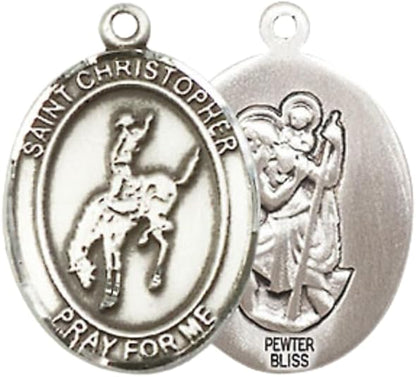 Medium Men's Pewter Saint St. Christopher Rodeo Medal Pendant on 24 Inch Endless Rhodium Plated Heavy Curb Brass Chain, Catholic Religious Necklace - Made in USA- Deluxe Velvet Gift Box