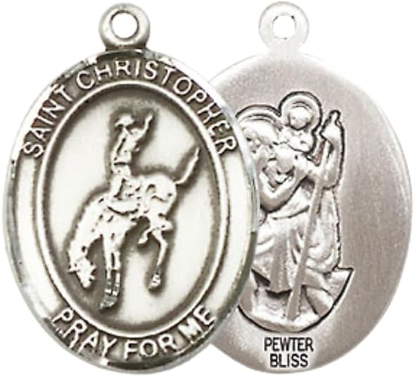 Medium Men's Pewter Saint St. Christopher Rodeo Medal Pendant on 24 Inch Endless Rhodium Plated Heavy Curb Brass Chain, Catholic Religious Necklace - Made in USA- Deluxe Velvet Gift Box