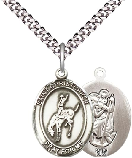 Medium Men's Pewter Saint St. Christopher Rodeo Medal Pendant on 24 Inch Endless Rhodium Plated Heavy Curb Brass Chain, Catholic Religious Necklace - Made in USA- Deluxe Velvet Gift Box