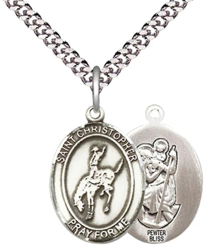 Medium Men's Pewter Saint St. Christopher Rodeo Medal Pendant on 24 Inch Endless Rhodium Plated Heavy Curb Brass Chain, Catholic Religious Necklace - Made in USA- Deluxe Velvet Gift Box