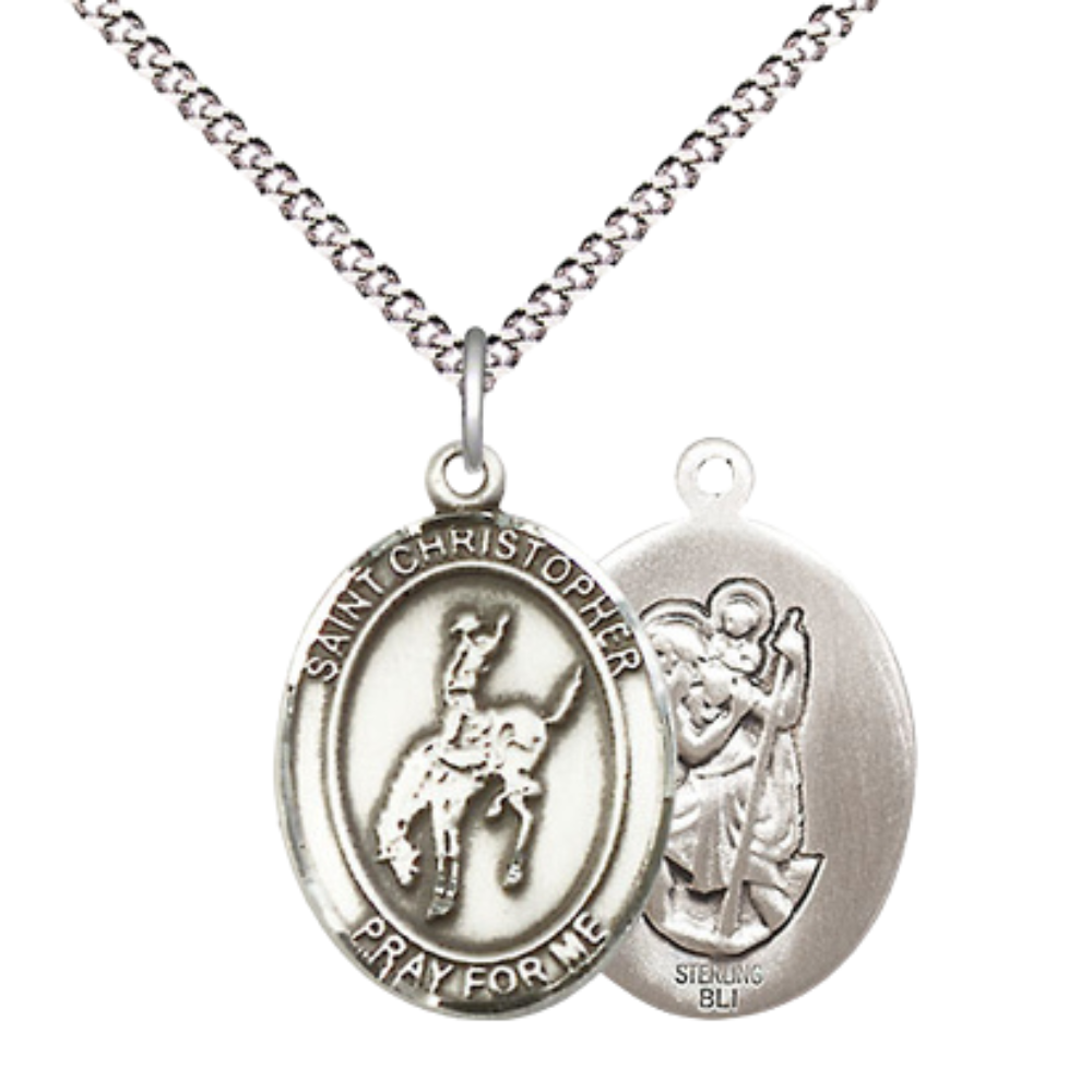 Medium Women's .925 Sterling Silver Saint St. Christopher Rodeo Pendant Necklace on 18 Inch Rhodium Plated Lite Curb Brass Chain – Patron Saint St. of Travelers & Motorists, Catholic Medal – Velvet Gift Box Included