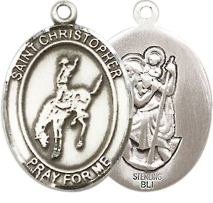 Medium Men's .925 Sterling Silver Saint St. Christopher Rodeo Medal Pendant on 24 Inch Endless Rhodium Plated Heavy Curb Brass Chain, Catholic Religious Necklace - Made in USA- Deluxe Velvet Gift Box