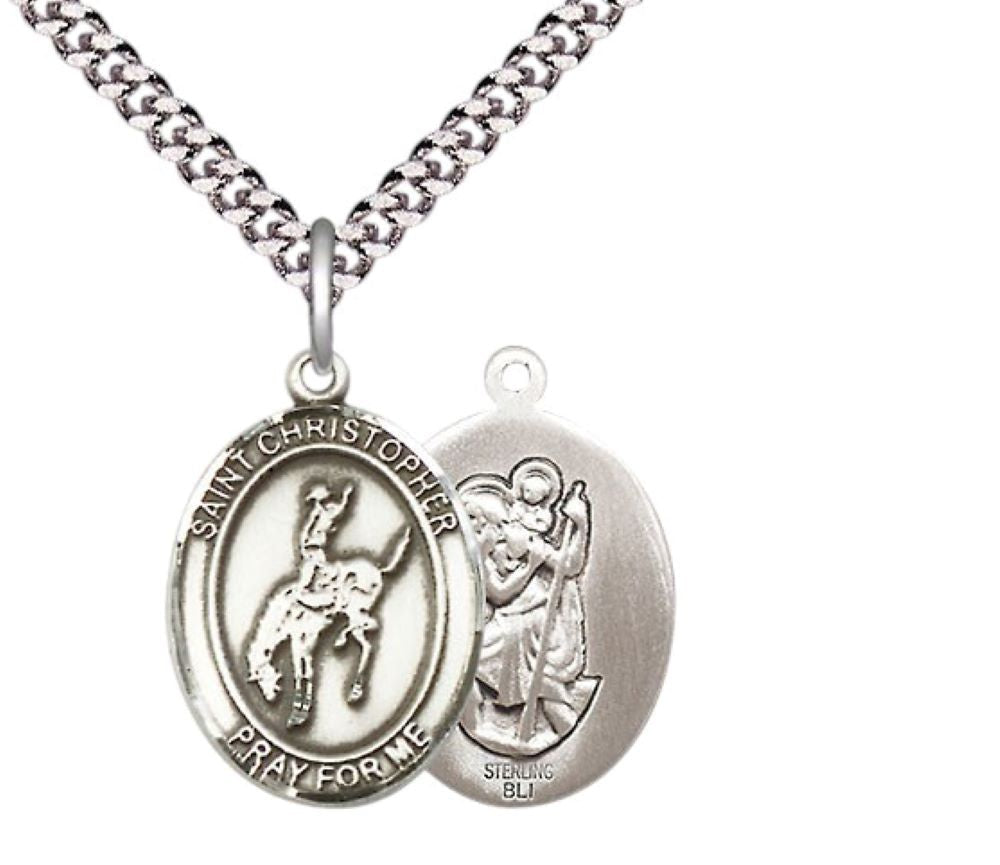 Medium Men's .925 Sterling Silver Saint St. Christopher Rodeo Medal Pendant on 24 Inch Endless Rhodium Plated Heavy Curb Brass Chain, Catholic Religious Necklace - Made in USA- Deluxe Velvet Gift Box