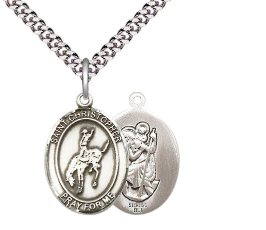 Medium Men's .925 Sterling Silver Saint St. Christopher Rodeo Medal Pendant on 24 Inch Endless Rhodium Plated Heavy Curb Brass Chain, Catholic Religious Necklace - Made in USA- Deluxe Velvet Gift Box