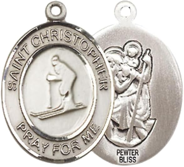 Everlasting Light Jewelry Medium Women's Pewter Saint St. Christopher Skiing Pendant Necklace on 18- inch Rhodium- Plated Lite Curb Brass Chain – Patron Saint St. of Travelers & Skiers, Catholic Medal – Velvet Gift Box Included