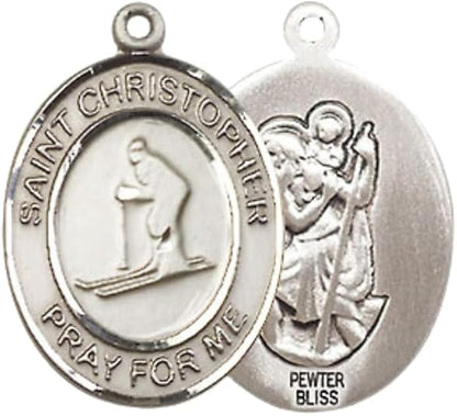 Everlasting Light Jewelry Medium Women's Pewter Saint St. Christopher Skiing Pendant Necklace on 18- inch Rhodium- Plated Lite Curb Brass Chain – Patron Saint St. of Travelers & Skiers, Catholic Medal – Velvet Gift Box Included