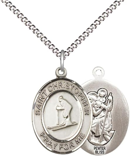 Everlasting Light Jewelry Medium Women's Pewter Saint St. Christopher Skiing Pendant Necklace on 18- inch Rhodium- Plated Lite Curb Brass Chain – Patron Saint St. of Travelers & Skiers, Catholic Medal – Velvet Gift Box Included