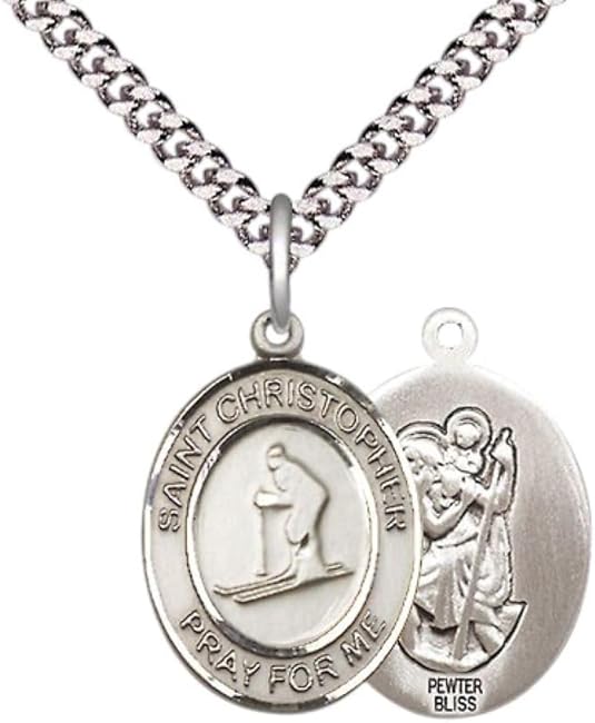 Mens Medium Oval Pewter Saint St. Christopher Skiing Medal Pendant on 24 Inch Rhodium Plated Heavy Curb Brass Chain w/ Lobster Claw Clasp, Catholic Religious Necklace - Made in USA- Velvet Gift Box