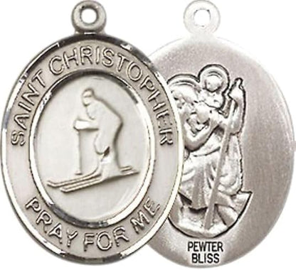 Medium Men's Pewter Saint Christopher Skiing Medal Pendant on 24 Inch Endless Rhodium Plated Heavy Curb Brass Chain, Catholic Religious Necklace -Made in USA- Deluxe Velvet Gift Box