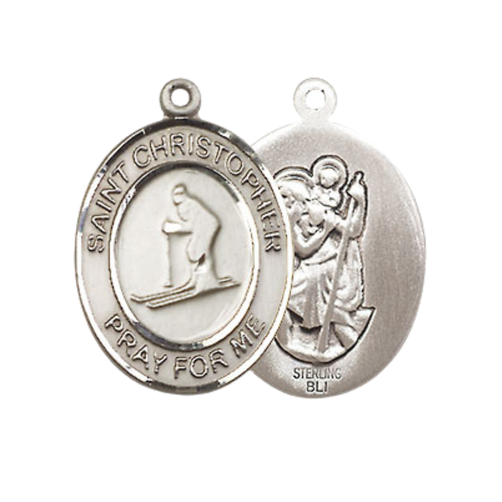 Medium Women's .925 Sterling Silver Saint St. Christopher Skiing Pendant Necklace on 18 Inch Rhodium Plated Lite Curb Brass Chain – Patron Saint St. of Travelers & Motorists, Catholic Medal – Velvet Gift Box Included