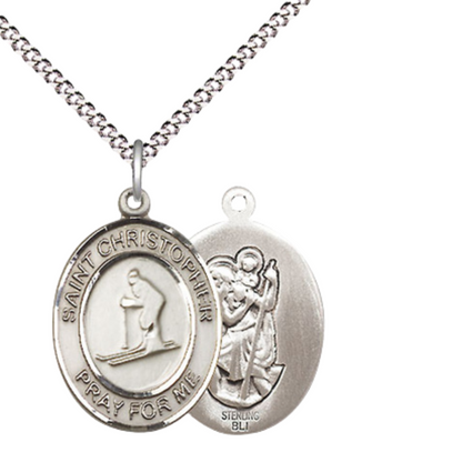 Medium Women's .925 Sterling Silver Saint St. Christopher Skiing Pendant Necklace on 18 Inch Rhodium Plated Lite Curb Brass Chain – Patron Saint St. of Travelers & Motorists, Catholic Medal – Velvet Gift Box Included