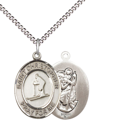 Medium Women's .925 Sterling Silver Saint St. Christopher Skiing Pendant Necklace on 18 Inch Rhodium Plated Lite Curb Brass Chain – Patron Saint St. of Travelers & Motorists, Catholic Medal – Velvet Gift Box Included