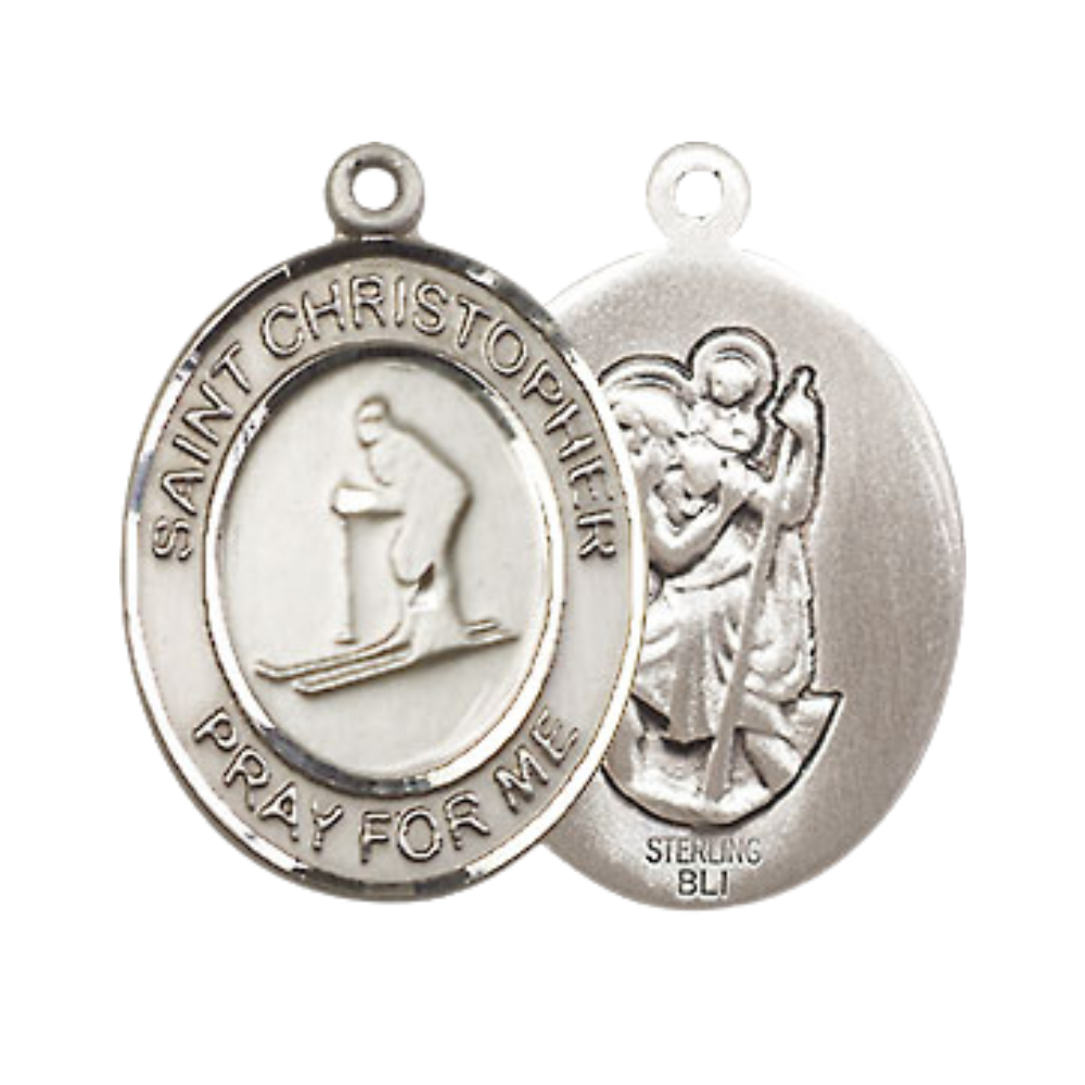 Medium Mens Oval Sterling Silver Saint Christopher Skiing Medal Pendant on 24" Rhodium Plated Heavy Curb Brass Chain w/ Lobster Claw Clasp,Catholic Religious Necklace -Made in USA-Velvet Gift Box