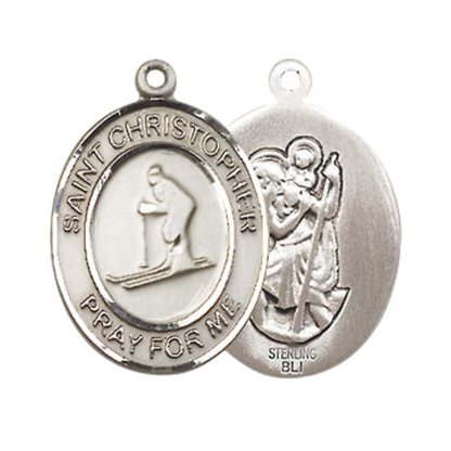 Medium Men's .925 Sterling Silver Saint St. Christopher Skiing Medal Pendant on 24 Inch Endless Rhodium Plated Heavy Curb Brass Chain, Catholic Religious Necklace - Made in USA- Deluxe Velvet Gift Box