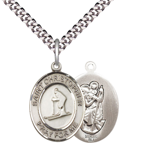 Medium Men's .925 Sterling Silver Saint St. Christopher Skiing Medal Pendant on 24 Inch Endless Rhodium Plated Heavy Curb Brass Chain, Catholic Religious Necklace - Made in USA- Deluxe Velvet Gift Box