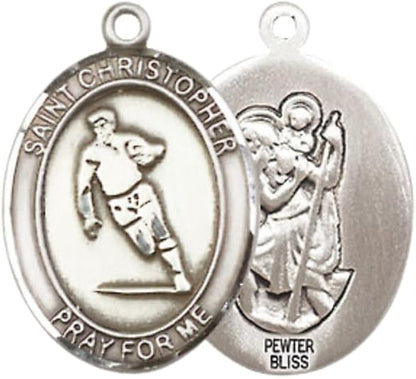 Everlasting Light Jewelry Medium Women's Pewter Saint St. Christopher Rugby Pendant Necklace on 18- inch Rhodium- Plated Lite Curb Brass Chain – Patron Saint St. of Travelers & Athletes, Catholic Medal – Velvet Gift Box Included
