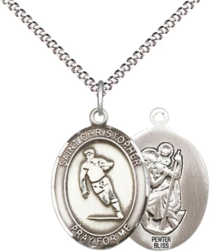 Everlasting Light Jewelry Medium Women's Pewter Saint St. Christopher Rugby Pendant Necklace on 18- inch Rhodium- Plated Lite Curb Brass Chain – Patron Saint St. of Travelers & Athletes, Catholic Medal – Velvet Gift Box Included