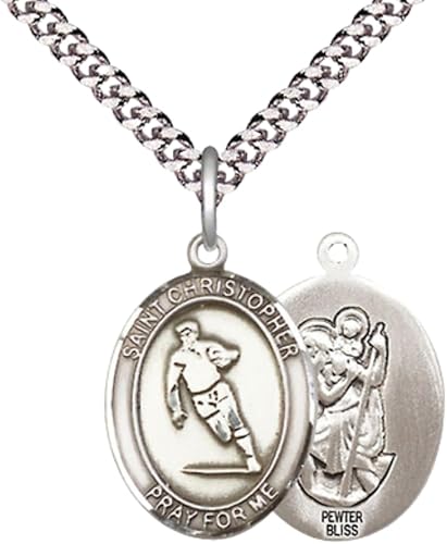 Medium Men's Pewter Saint St. Christopher Rugby Medal Pendant on 24 Inch Endless Rhodium Plated Heavy Curb Brass Chain, Catholic Religious Necklace - Made in USA- Deluxe Velvet Gift Box
