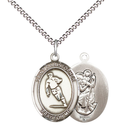 Medium Women's .925 Sterling Silver Saint St. Christopher Rugby Pendant Necklace on 18 Inch Rhodium Plated Lite Curb Brass Chain – Patron Saint St. of Travelers & Motorists, Catholic Medal – Velvet Gift Box Included