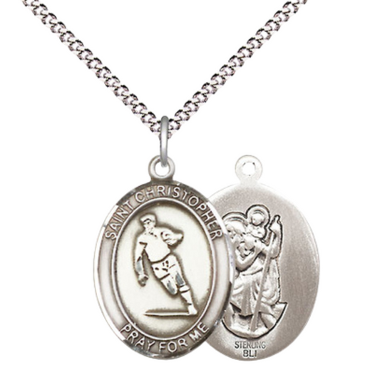 Medium Women's .925 Sterling Silver Saint St. Christopher Rugby Pendant Necklace on 18 Inch Rhodium Plated Lite Curb Brass Chain – Patron Saint St. of Travelers & Motorists, Catholic Medal – Velvet Gift Box Included