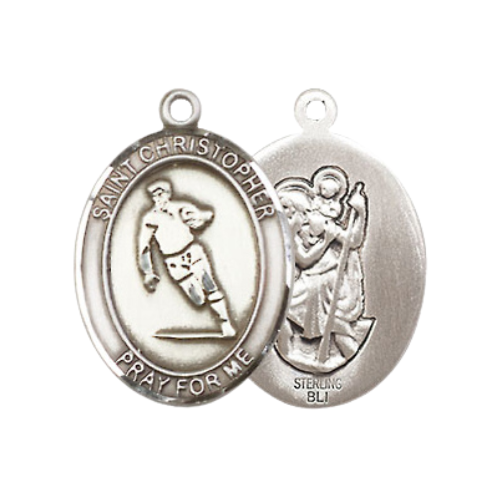 Medium Women's .925 Sterling Silver Saint St. Christopher Rugby Pendant Necklace on 18 Inch Rhodium Plated Lite Curb Brass Chain – Patron Saint St. of Travelers & Motorists, Catholic Medal – Velvet Gift Box Included