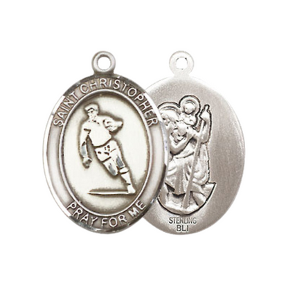 Medium Women's .925 Sterling Silver Saint St. Christopher Rugby Pendant Necklace on 18 Inch Rhodium Plated Lite Curb Brass Chain – Patron Saint St. of Travelers & Motorists, Catholic Medal – Velvet Gift Box Included