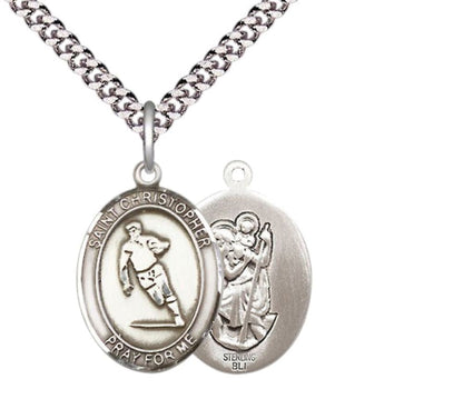Medium Mens Oval .925 Sterling Silver Saint St. Christopher Rugby Medal Pendant on 24 Inch Rhodium Plated Heavy Curb Brass Chain w/ Lobster Claw Clasp, Catholic Religious Necklace - Made in USA- Velvet Gift Box