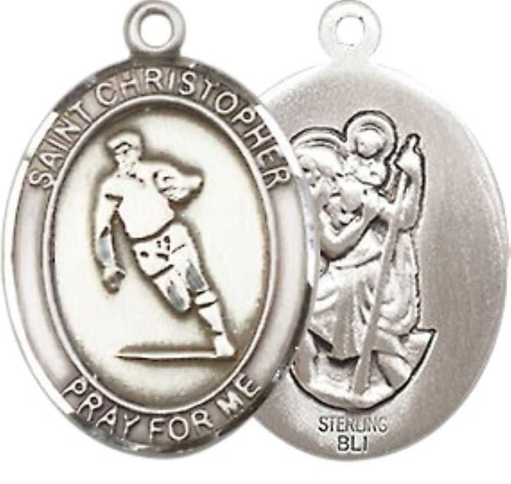 Medium Men's .925 Sterling Silver Saint St. Christopher Rugby Medal Pendant on 24 Inch Endless Rhodium Plated Heavy Curb Brass Chain, Catholic Religious Necklace - Made in USA- Deluxe Velvet Gift Box
