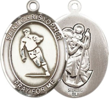 Medium Men's .925 Sterling Silver Saint St. Christopher Rugby Medal Pendant on 24 Inch Endless Rhodium Plated Heavy Curb Brass Chain, Catholic Religious Necklace - Made in USA- Deluxe Velvet Gift Box