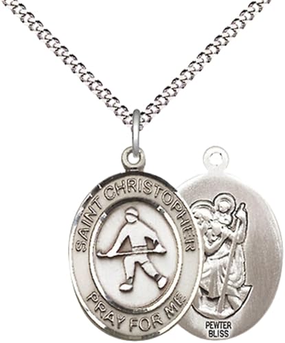 Medium Women's Pewter Saint St. Christopher Field Hockey Pendant Necklace on 18- inch Rhodium- Plated Lite Curb Brass Chain – Patron Saint St. of Travelers & Athletes, Catholic Medal – Velvet Gift Box Included