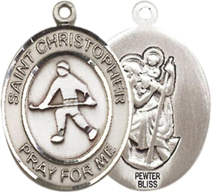 Medium Men's Pewter Saint St. Christopher Field Hockey Medal Pendant on 24 Inch Endless Rhodium Plated Heavy Curb Brass Chain, Catholic Religious Necklace - Made in USA- Deluxe Velvet Gift Box