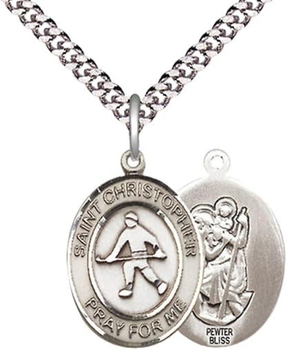 Medium Men's Pewter Saint St. Christopher Field Hockey Medal Pendant on 24 Inch Endless Rhodium Plated Heavy Curb Brass Chain, Catholic Religious Necklace - Made in USA- Deluxe Velvet Gift Box