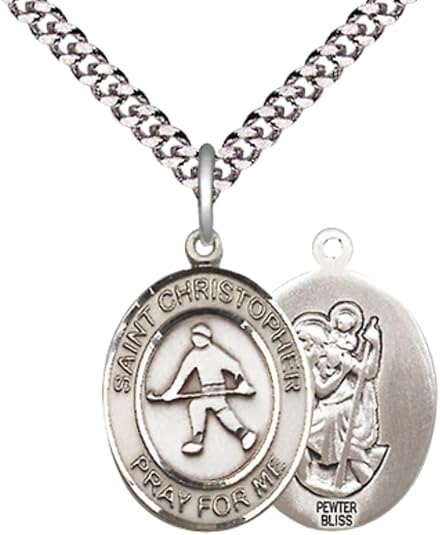 Medium Men's Pewter Saint St. Christopher Field Hockey Medal Pendant on 24 Inch Endless Rhodium Plated Heavy Curb Brass Chain, Catholic Religious Necklace - Made in USA- Deluxe Velvet Gift Box