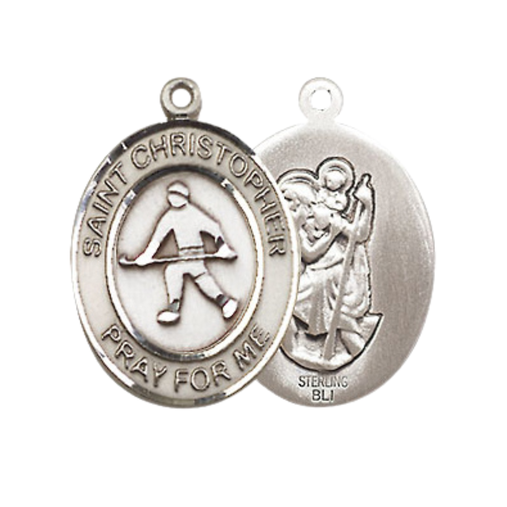 Medium Women's .925 Sterling Silver Saint St. Christopher Field Hockey Pendant Necklace on 18 Inch Rhodium Plated Lite Curb Brass Chain – Patron Saint St. of Travelers & Motorists, Catholic Medal – Velvet Gift Box Included