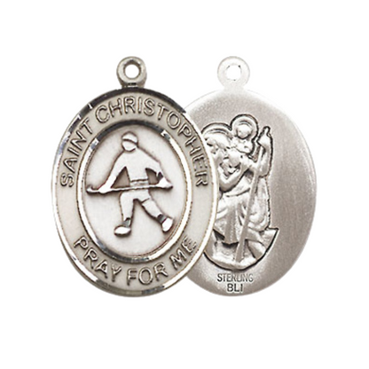 Medium Women's .925 Sterling Silver Saint St. Christopher Field Hockey Pendant Necklace on 18 Inch Rhodium Plated Lite Curb Brass Chain – Patron Saint St. of Travelers & Motorists, Catholic Medal – Velvet Gift Box Included