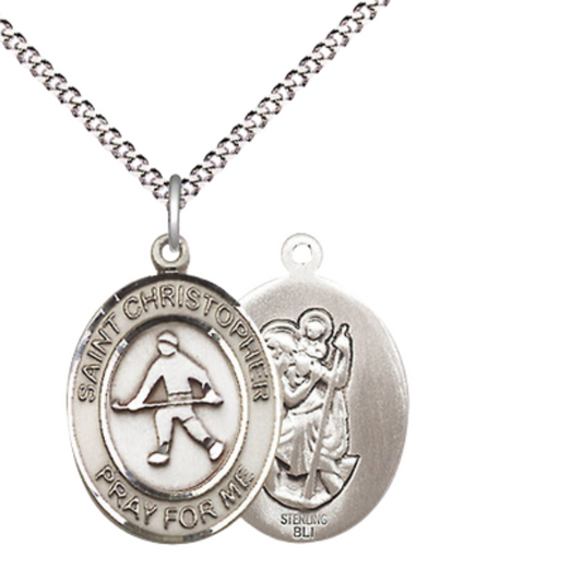 Medium Women's .925 Sterling Silver Saint St. Christopher Field Hockey Pendant Necklace on 18 Inch Rhodium Plated Lite Curb Brass Chain – Patron Saint St. of Travelers & Motorists, Catholic Medal – Velvet Gift Box Included