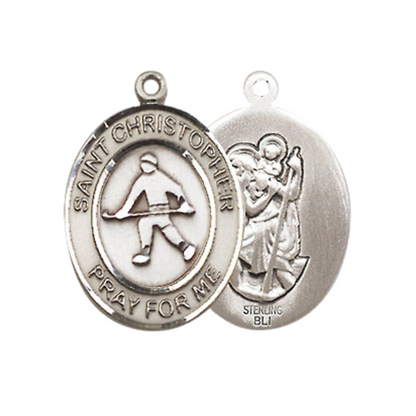 Medium Men's .925 Sterling Silver Saint St. Christopher Field Hockey Medal Pendant on 24 Inch Endless Rhodium Plated Heavy Curb Brass Chain, Catholic Religious Necklace - Made in USA- Deluxe Velvet Gift Box