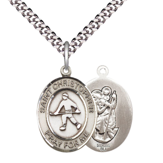 Medium Men's .925 Sterling Silver Saint St. Christopher Field Hockey Medal Pendant on 24 Inch Endless Rhodium Plated Heavy Curb Brass Chain, Catholic Religious Necklace - Made in USA- Deluxe Velvet Gift Box