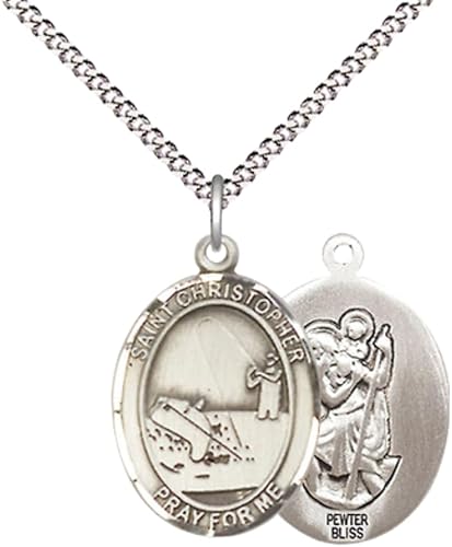 Everlasting Light Jewelry Medium Women's Pewter Saint St. Christopher Fishing Pendant Necklace on 18- inch Rhodium- Plated Lite Curb Brass Chain, Catholic Medal - Patron Saint. of Travelers & Fishermen – Velvet Gift Box