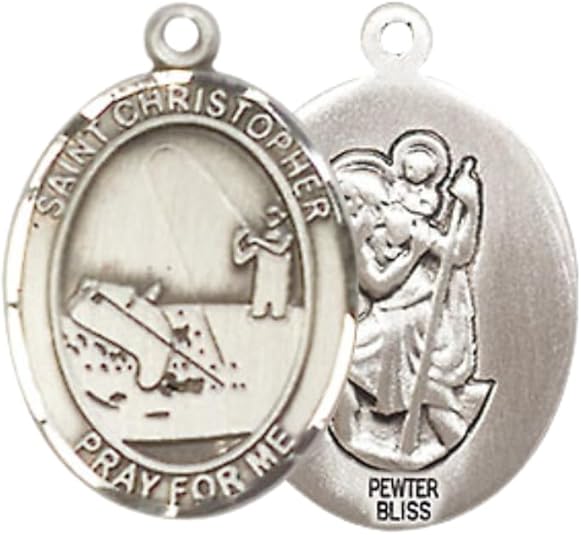 Everlasting Light Jewelry Medium Women's Pewter Saint St. Christopher Fishing Pendant Necklace on 18- inch Rhodium- Plated Lite Curb Brass Chain, Catholic Medal - Patron Saint. of Travelers & Fishermen – Velvet Gift Box