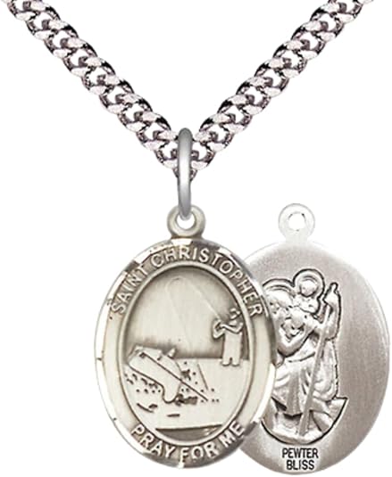 Medium Men's Pewter Saint St. Christopher Fishing Medal Pendant on 24 Inch Endless Rhodium Plated Heavy Curb Brass Chain, Catholic Religious Necklace - Made in USA- Deluxe Velvet Gift Box