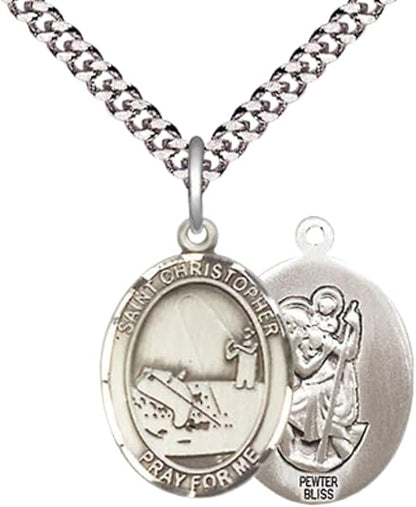 Medium Men's Pewter Saint St. Christopher Fishing Medal Pendant on 24 Inch Endless Rhodium Plated Heavy Curb Brass Chain, Catholic Religious Necklace - Made in USA- Deluxe Velvet Gift Box