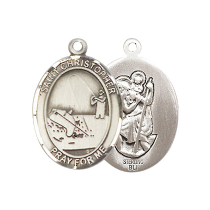 Medium Women's .925 Sterling Silver Saint St. Christopher Fishing Pendant Necklace on 18 Inch Rhodium Plated Lite Curb Brass Chain – Patron Saint St. of Travelers & Motorists, Catholic Medal – Velvet Gift Box Included